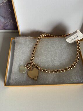 Caracol Gold Beaded Necklace Toggle Clasp Double Heart Charm Minimalist Jewelry